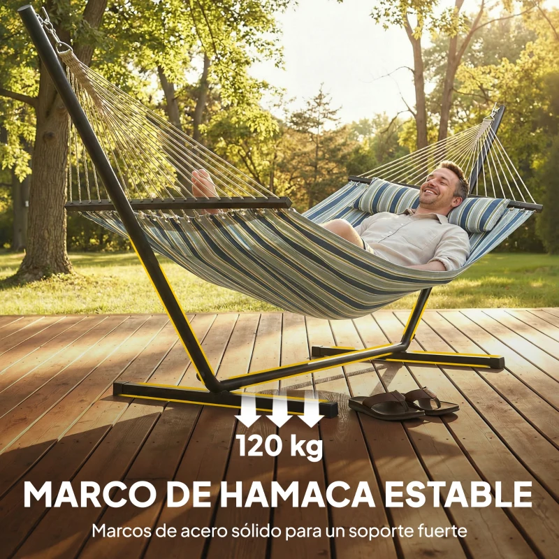 Outsunny Hamaca con Soporte Hamaca de Jardín Portátil con Almohada Desmontable Barras Separadoras 353x94x115 cm Verde