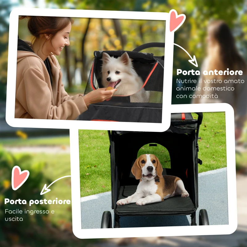 PawHut Passeggino per Cani Pieghevole con Ingressi a Cerniera e Finestre a Rete, 112x65x100 cm, Rosso e Nero