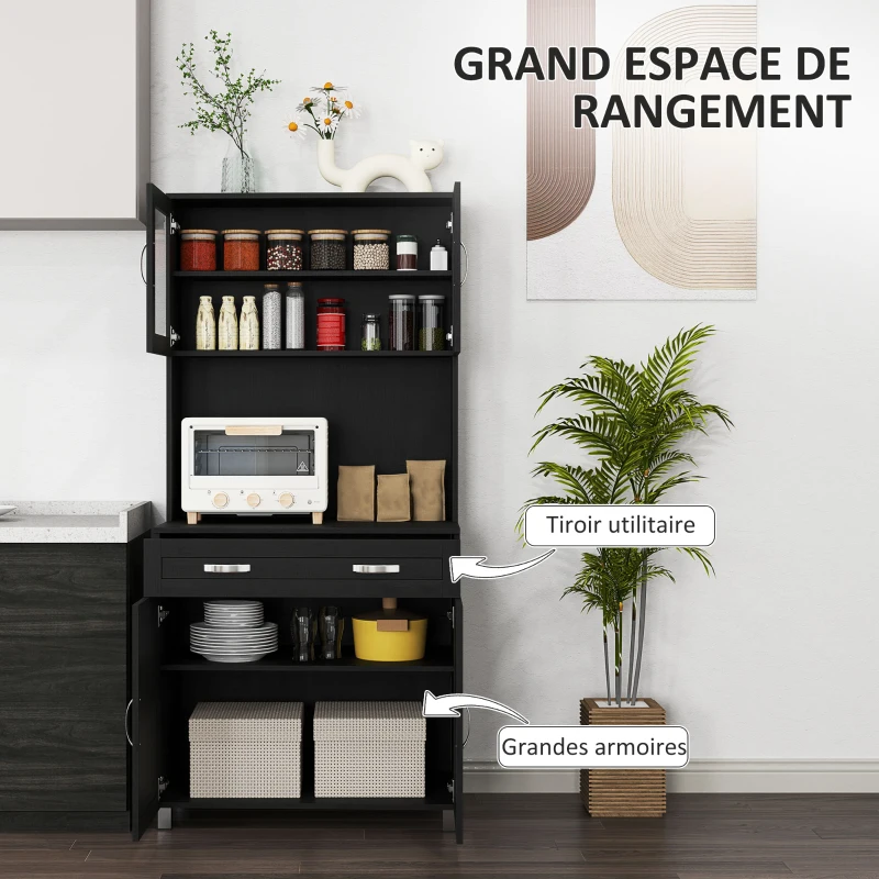 HOMCOM Buffet haut cuisine, armoire de cuisine avec 4 portes, tiroir, plan de travail, étagères réglables, 80x48x170cm, noir