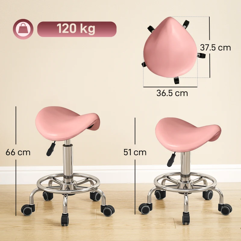 HOMCOM Salon Saddle Stool, Rolling Saddle Chair for Massage, Spa, Clinic, Beauty, Hairdressing and Tattoo, Pink