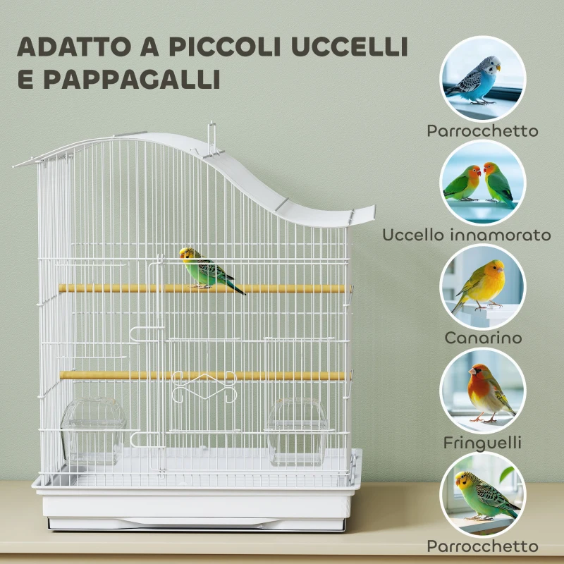 PawHut Gabbia per Uccelli a 4 Porte con 2 Ciotole, 2 Posatoi e Vassoio, in Metallo e Plastica, 47.5x36x54.5 cm, Bianco