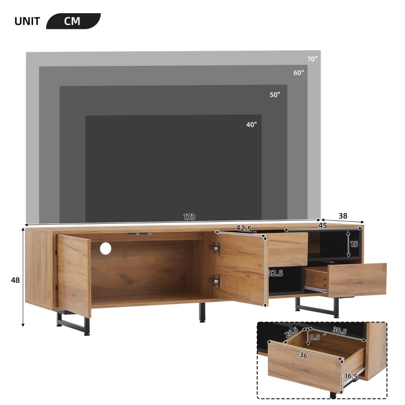 Mobile TV moderno portaoggetti con ripiani aperti, in truciolato, 173x38x48 cm, Color legno