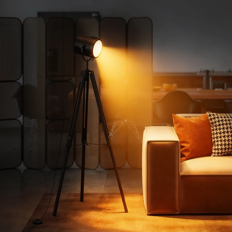 HOMCOM Industrial Tripod Floor Lamp, Nautical Searchlight with Adjustable Height, Wood Legs, E14 Lamp Base for Living Room, Bedroom, Black