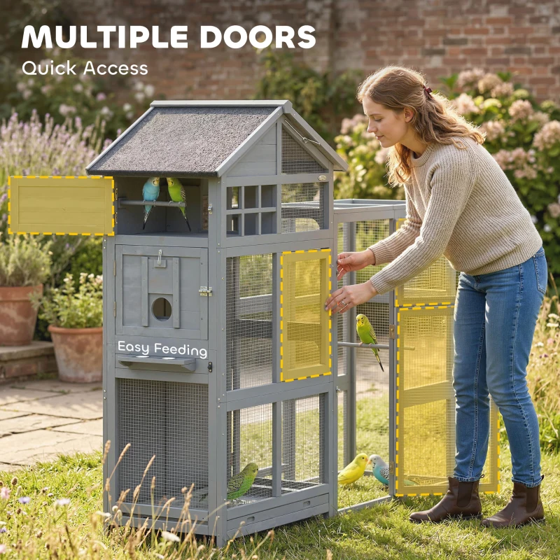 PawHut Vogelvolière van hout met 6 zitstokken, opbergvak, uitneembare lade, RVS voerbakken, 196x60x164,5cm, grijs