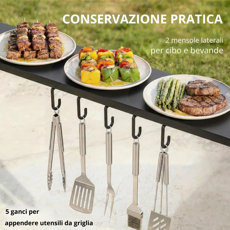 Outsunny Gazebo per barbecue 2,52 x 1,56 m, gazebo impermeabile con tetto a capanna, ripiani laterali, ganci, telaio in acciaio, Nero