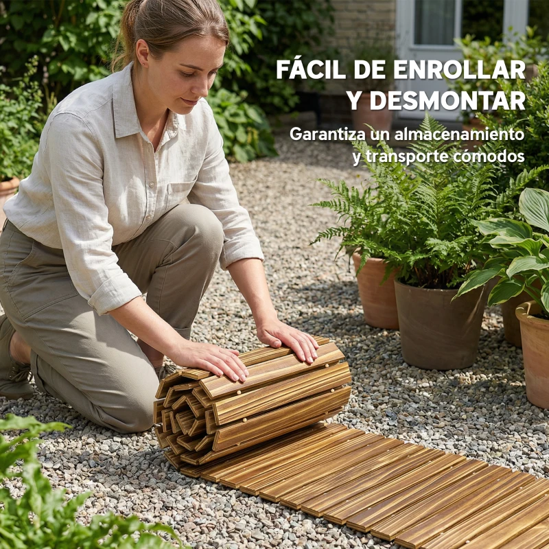 Outsunny Camino de Jardín de Madera 120x38 cm Pasarela Recta Enrollable para Exteriores Resistente a la Intemperie Carbonizado