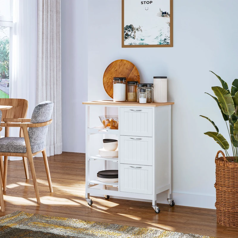 HOMCOM Carrinho de Cozinha com Rodas Carrinho de Serviço com 3 Gavetas 3 Prateleiras Abertas e Bandeja Removível para Sala de Jantar Carga Máxima 40kg 67x37x84cm Branco