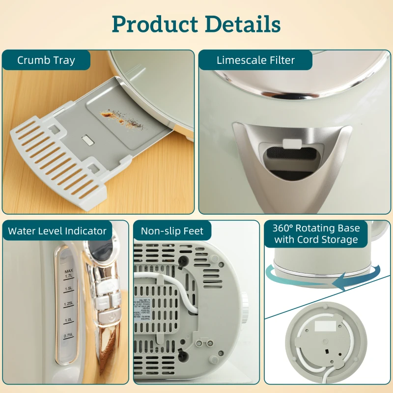 HOMCOM Polished Retro 40-100°C Kettle and Toaster Set - Grey