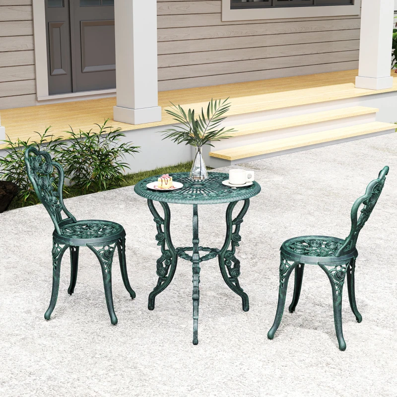 Outsunny 3-Piece Outdoor Garden Bistro Set, Cast Aluminium Antique Floral Print Coffee Table and Two Single Seat with Umbrella Hole, Green