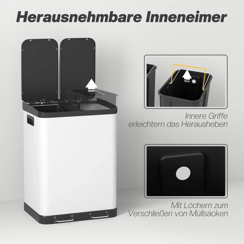 HOMCOM Doppelfach-Mülleimer, 2 x 30L, fingerabdruckresistent, Pedal, herausnehmbare Inneneimer, Grau