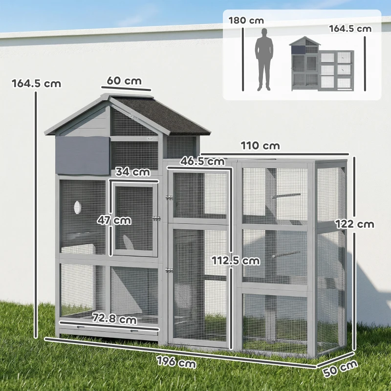 PawHut Volieră din lemn cu 6 bățuri de odihnă compartiment sertar extractabil boluri din oțel inoxidabil 196x60x164,5cm Gri