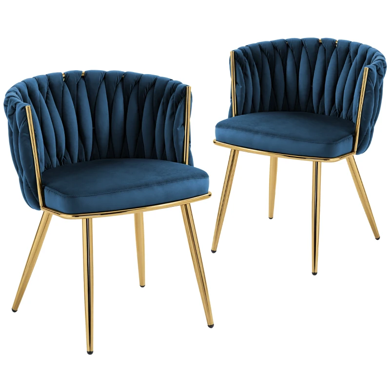 HOMCOM Velvet-Feel Dining Chairs Set of 2, Modern Upholstered Armchair with Knot Design and Golden Metal Legs, Accent Chair for Dining Room, Bedroom, Kitchen, Living Room, Dark Blue