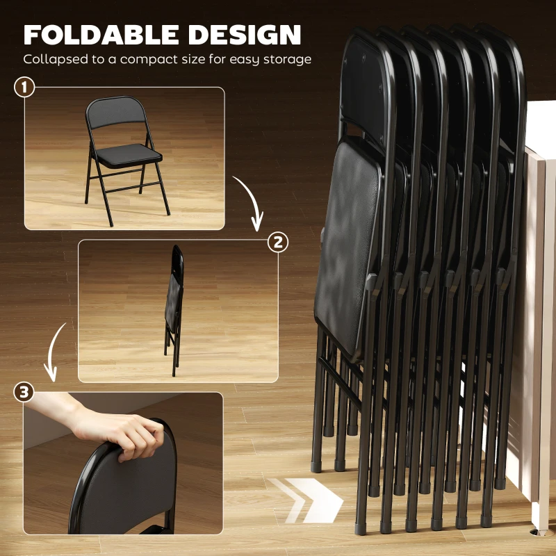 HOMCOM Zestaw 2 Składanych Krzeseł Biurowych, Metalowe Nogi, Składany Fotel do Biura i Poczekalni, Ekoskóra, Czarny