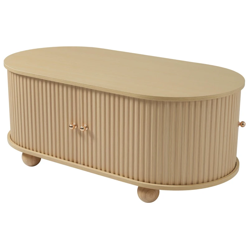 Table basse ovale avec rangement et portes coulissantes, 100x50x40 cm, Couleur naturelle