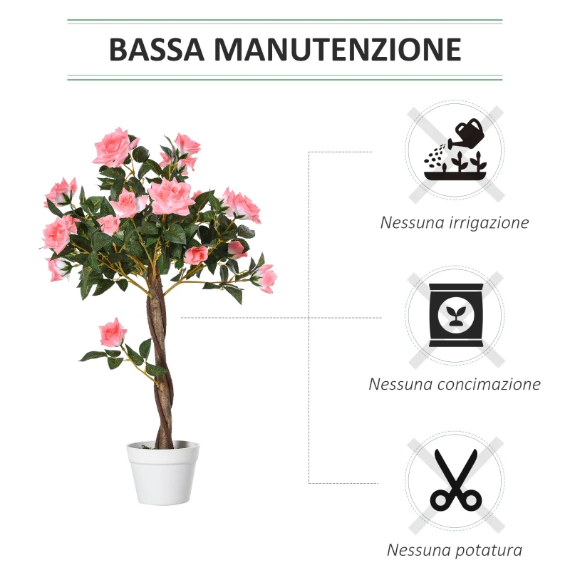 Outsunny Pianta Finta di Rosa da 21 Fiori con Vaso Riempito in Cemento e Muschio, Ø18x90 cm, Rosa