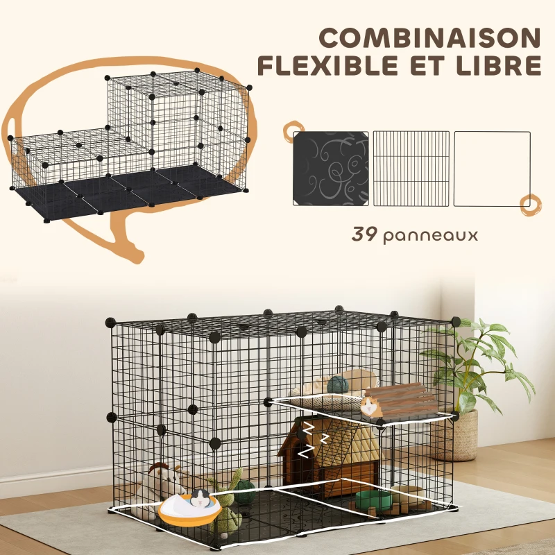 PawHut Enclos pour petits animaux, cage à lapin modulable 3 niveaux, 39 panneaux avec  rampes, en métal, 70 x 70 x 105 cm, noir