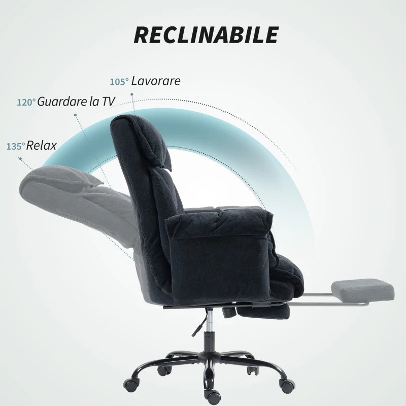 HOMCOM Sedia da Ufficio Reclinabile con Poggiapiedi, Schienale Alto, Altezza Regolabile e Ruote, Nero