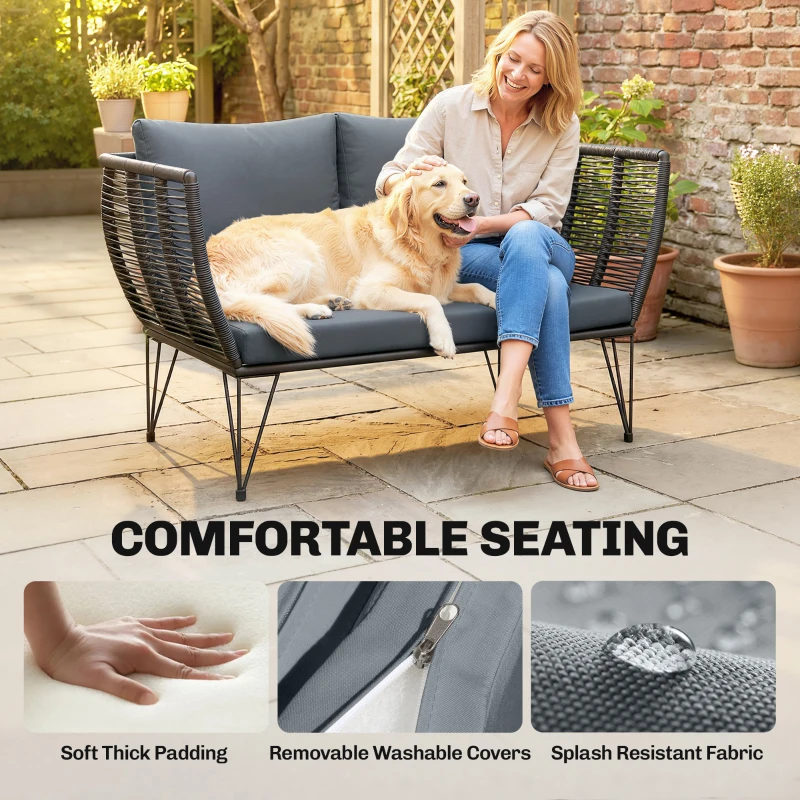 Outsunny Sofa Ogrodowa z Poduszkami 2-osobowa Rattanowa Meble Balkonowe 123 x 67 x 72 cm Jasnoszara