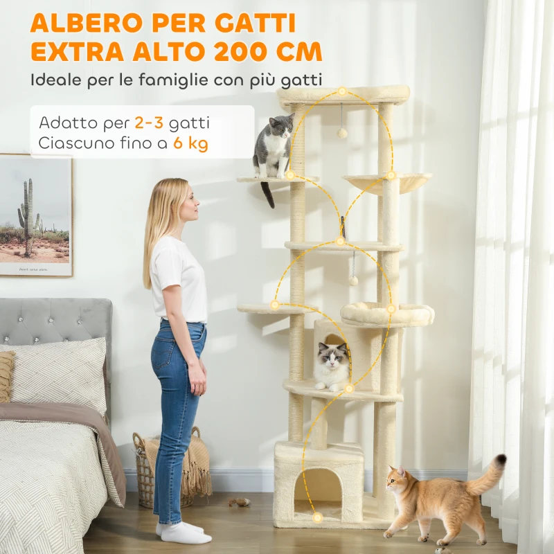 PawHut Albero per Gatti Alto 200 cm Multilivello con 2 Casette, 2 Lettini e Amaca, Struttura per 2-3 Gatti, Beige