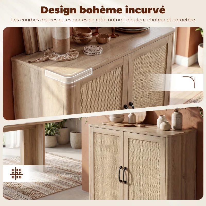 HOMCOM Buffet salon, meuble de rangement avec 2 portes en rotin, étagère réglable et bords arrondis, 76 x 35 x 75,5 cm, chêne