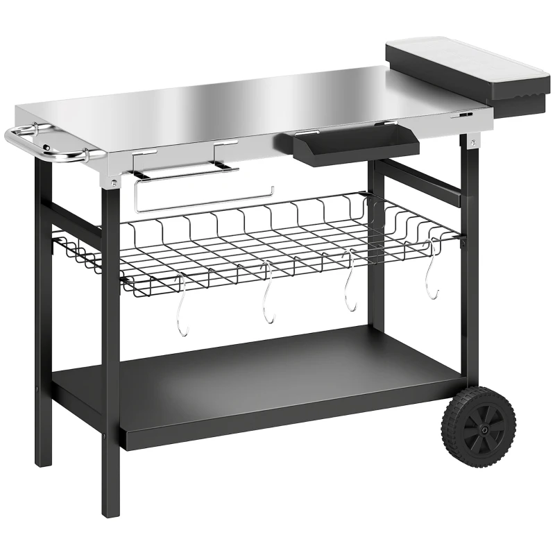 Outsunny Desserte Jardin à 3 Niveaux, Plan de Travail Inox, Roues, Crochets, Panier Amovible, Poignée Latérale, 114x61x81cm, Noir