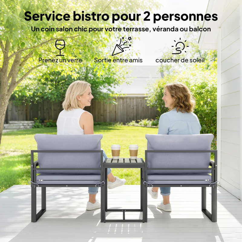 Outsunny Salon de jardin 3 pièces coussins 14cm et accoudoirs en composite bois-plastique 2 fauteuils et table d'appoint gris