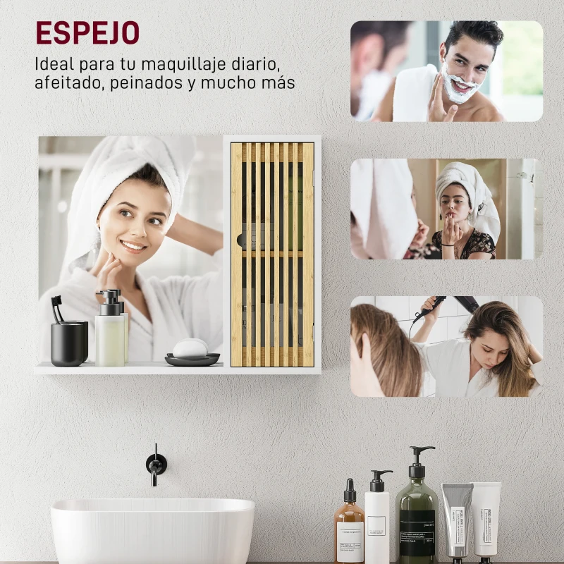 HOMCOM Espejo de Baño 60x50 cm Espejo de Pared con Puerta de Listones de Bambú Estantes de Almacenaje Blanco y Natural