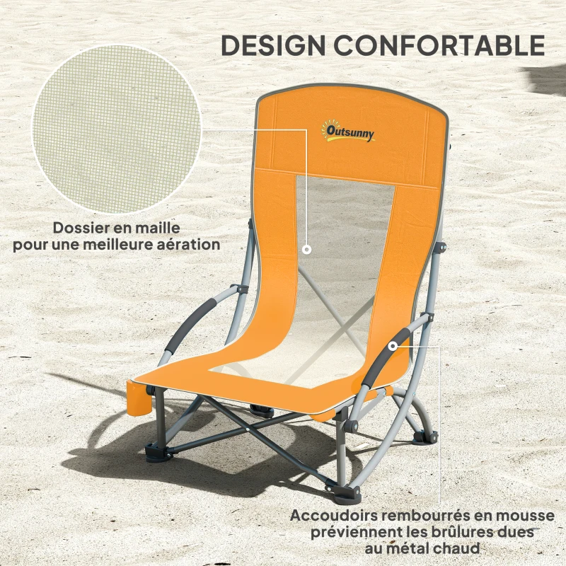 Outsunny Lot de 2 chaises de plage pliable chaises camping pliante légère sac de transport porte-gobelet 70 x 58 x 79 cm orange