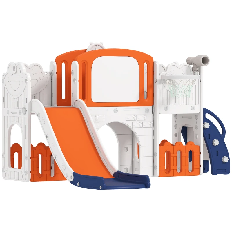 AIYAPLAY 7 in 1 Toddler Slide Set with Basketball Hoop, Climbing Frame, Telescope, Drawing Board, Storage Box, Orange