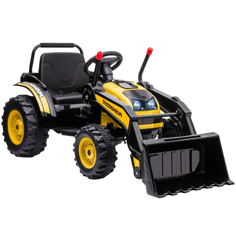 HOMCOM Tracteur électrique Enfant - tractopelle Enfants 6V - V. Max. 2,5 Km/h - Effets Lumineux sonores - Pelle Manuelle - métal PP Noir Jaune(m-12)