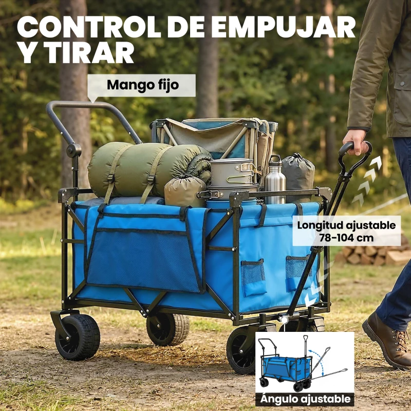 Outsunny Carro de Jardín Plegable con Ruedas Grandes Bloqueables Barra Ajustable Portavasos para Campaña 125x59x133 cm Azul