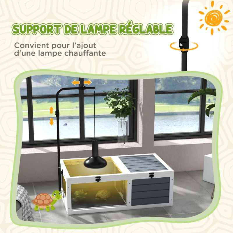 PawHut Maison enclos cage pour petit animal tortue avec 2 espaces support de lampe réglable 81 x 48 x 31,5 cm gris