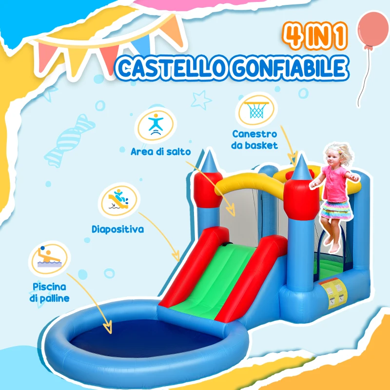 AIYAPLAY Castello Gonfiabile Trampolino 4 in 1, Scivolo, 415x205x190cm, Multicolore