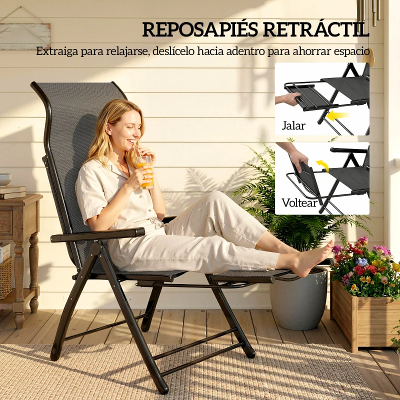 Outsunny Pack de 2 Sillas Plegables Reclinables de Jardín Exterior con Respaldo Alto Ajustable en 5 Posiciones Reposapiés Gris