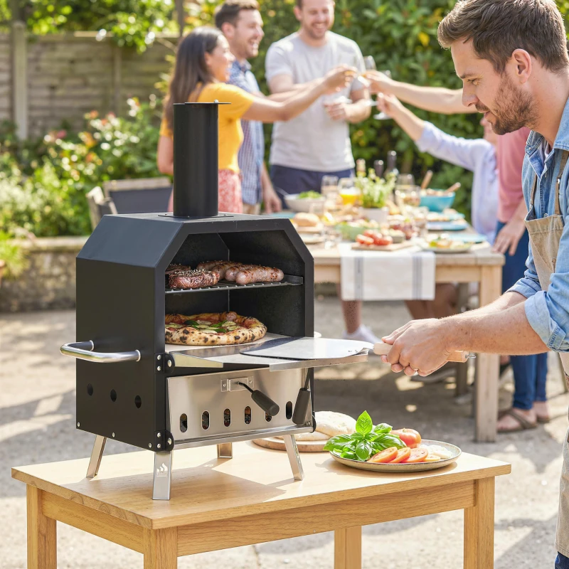 Outsunny Four à Pizza Extérieur à Bois et Charbon 2 Étages Combiné Barbecue Fumoir Pierre de 30 cm et Pelle Portable Noir
