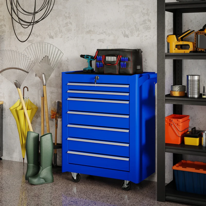 DURHAND Carro de Herramientas con 7 Cajones Cerradura Asa 2 Ruedas con Freno de Bloqueo para Garaje Hogar Azul
