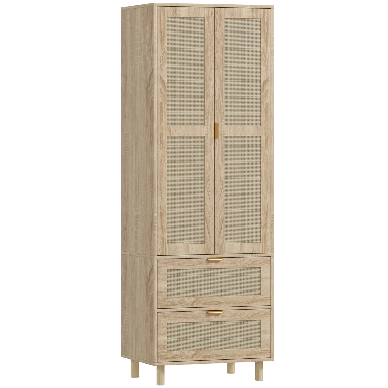 HOMCOM Armoire chambre penderie avec 2 portes en rotin, 2 tiroirs et barre de suspension, 63 x 47 x 185 cm, bois naturel