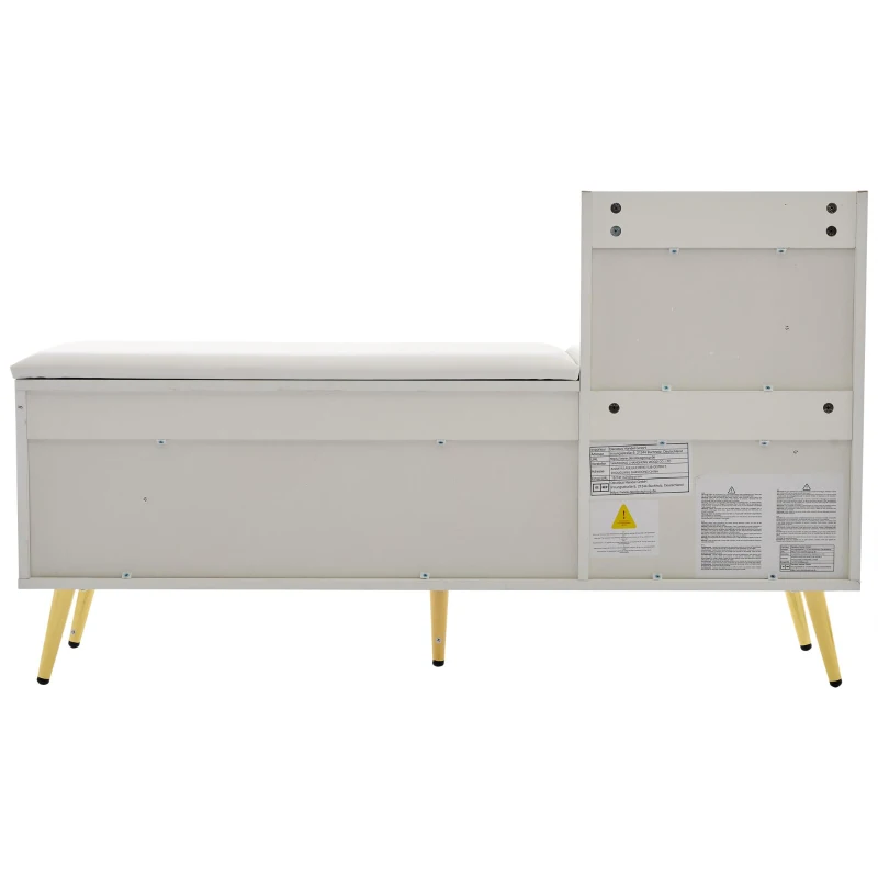 Mobile scarpiera lucido con panca imbottita, ripiani regolabili e dettagli dorati, 120x35x71.5 cm, Bianco