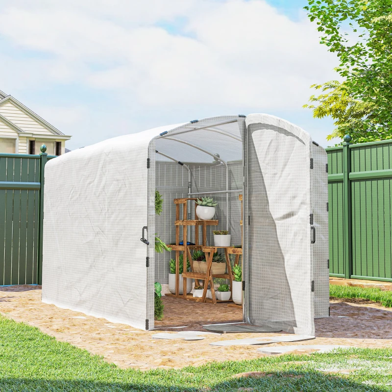 Outsunny Serre tunnel de jardin 6m², serre de jardin tunnel 300x200x195cm bâche PE 220g/m² bords prolongés 50 cm avec porte blanc