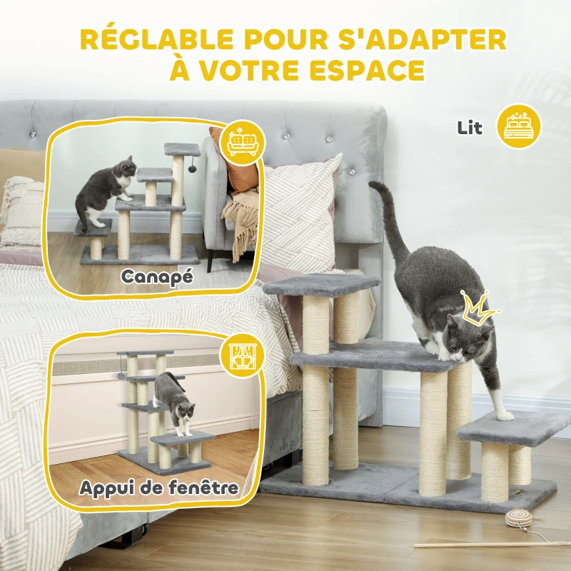 PawHut Escalier pour animaux domestiques réglable 3/4 marches échelle pour chat chien griffoirs sisal 70 x 32 x 68 cm gris