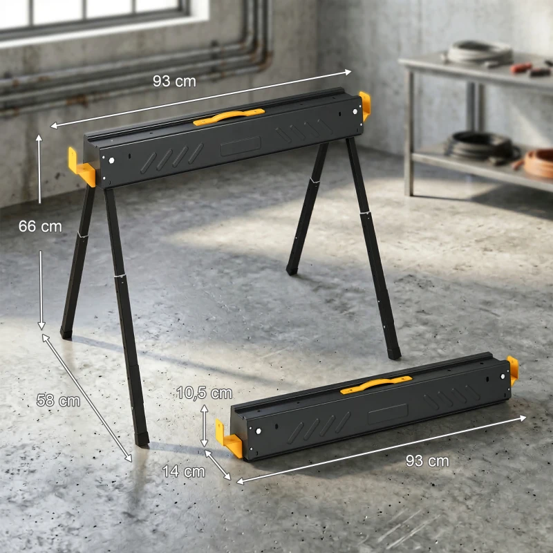 HOMCOM Set de 2 Caballetes para Sierra Plegables Altura Ajustable para Madera 2x4 con Asa Ganchos Soporta hasta 500 kg Negro