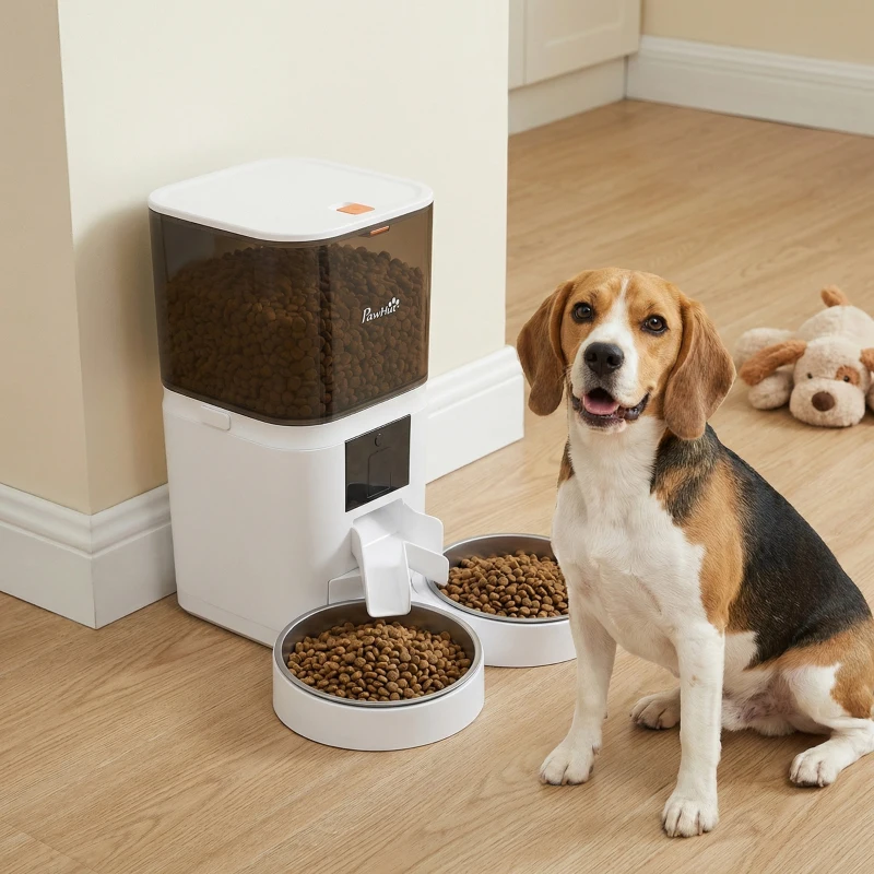 PawHut Distributeur Croquettes Chat Automatique 2 Animaux 6L Double Bol Inox WiFi Tuya App ABS 37x36x35cm Blanc