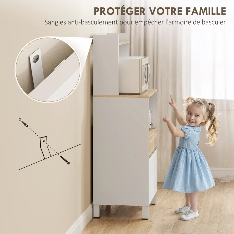HOMCOM Meuble micro onde, buffet cuisine avec placard tiroir étagère supérieur, 60 x 40 x 131 cm chêne et blanc