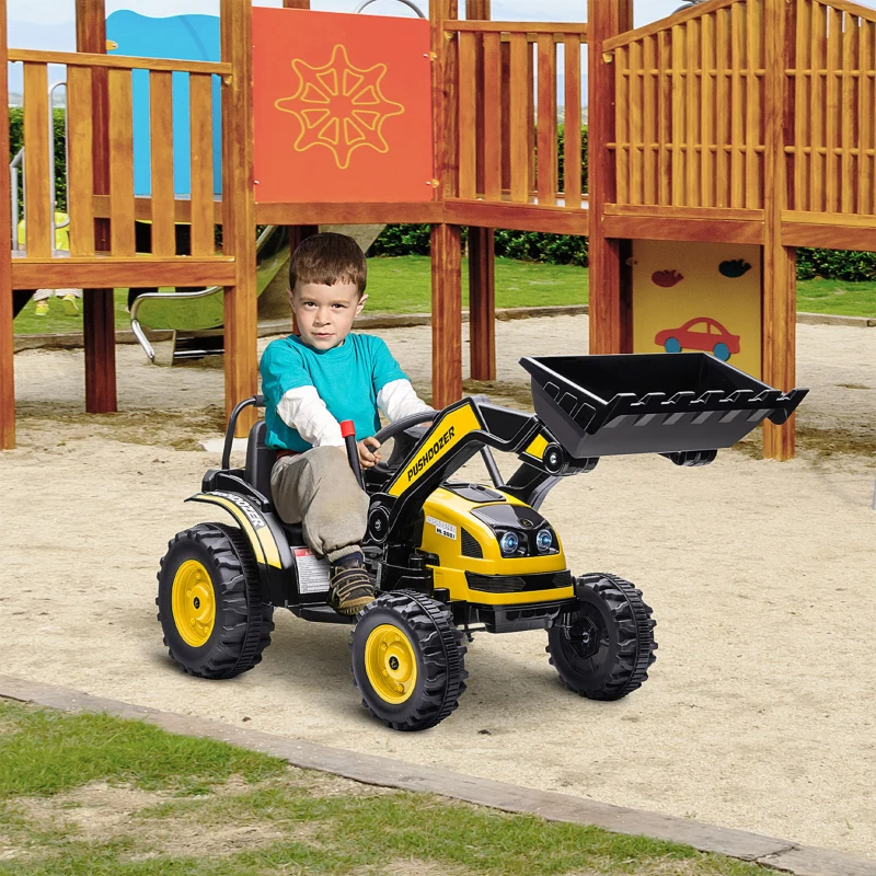 HOMCOM Tracteur électrique Enfant - tractopelle Enfants 6V - V. Max. 2,5 Km/h - Effets Lumineux sonores - Pelle Manuelle - métal PP Noir Jaune(m-2)