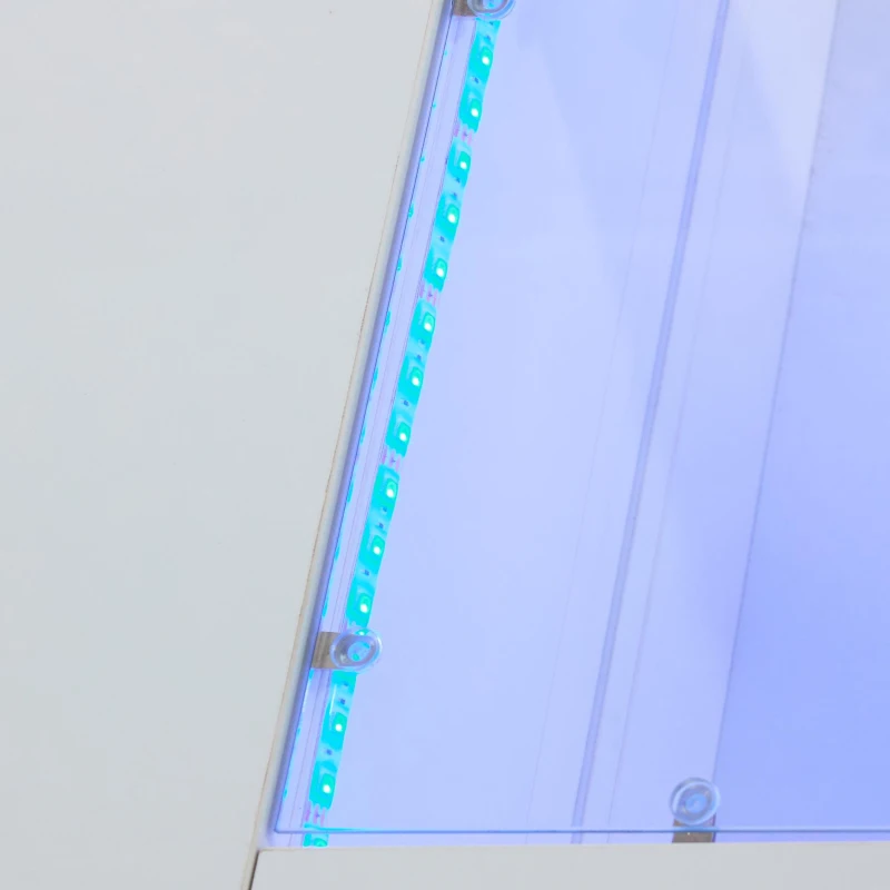 Tavolino da salotto a LED con controllo tramite app Bluetooth, piano in vetro e design cavo, 100x50x35 cm, Bianco