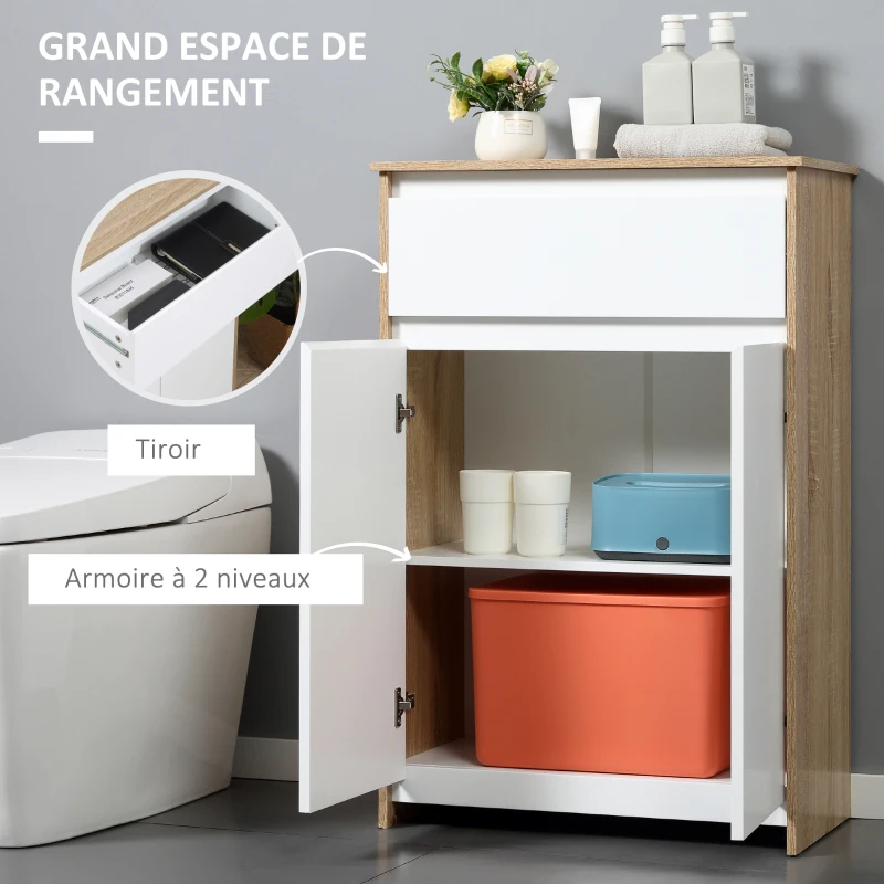 kleankin Meuble de salle de bain, meuble de rangement, tiroir et placard double porte, 60x30x90cm, blanc et effet bois naturel