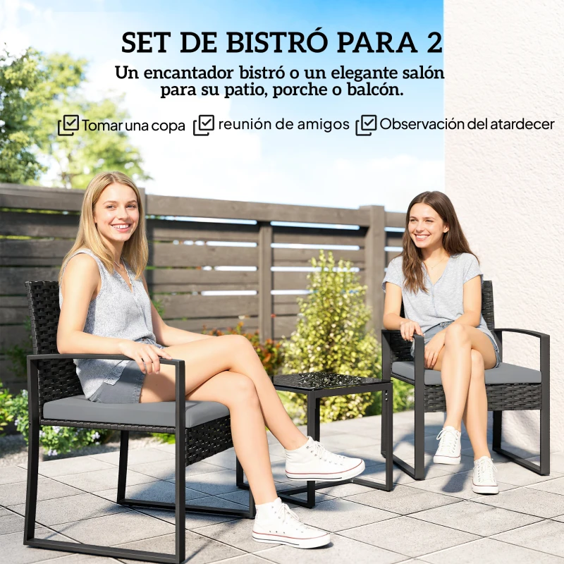 Outsunny Conjunto de Muebles de Jardín de Ratán Sintético con 2 Sillas con Cojines Extraíbles y Mesa con Tablero de Vidrio Gris