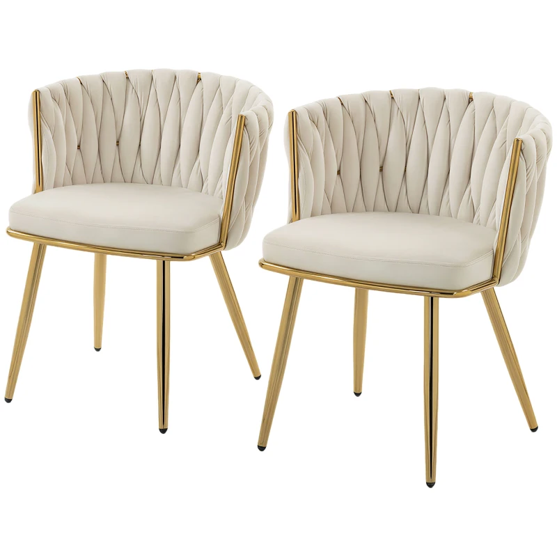 HOMCOM Velvet-Feel Dining Chairs Set of 2, Modern Upholstered Armchair with Knot Design and Golden Metal Legs, Accent Chair for Dining Room, Bedroom, Kitchen, Living Room, Cream
