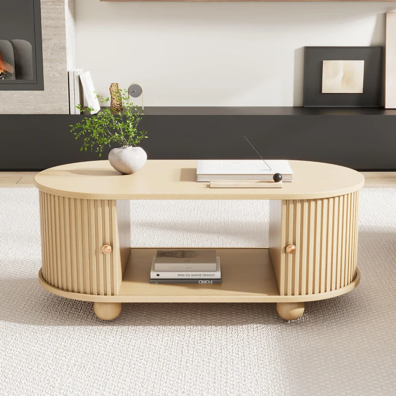 Table basse ovale avec rangement et portes coulissantes, 100x50x40 cm, Couleur naturelle