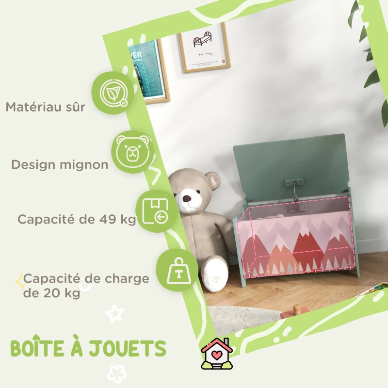 ZONEKIZ Coffre à jouet enfant coffre de rangement enfant couvercle rabattable motif de forêt coins arrondis 60 x 37 x 39 cm vert